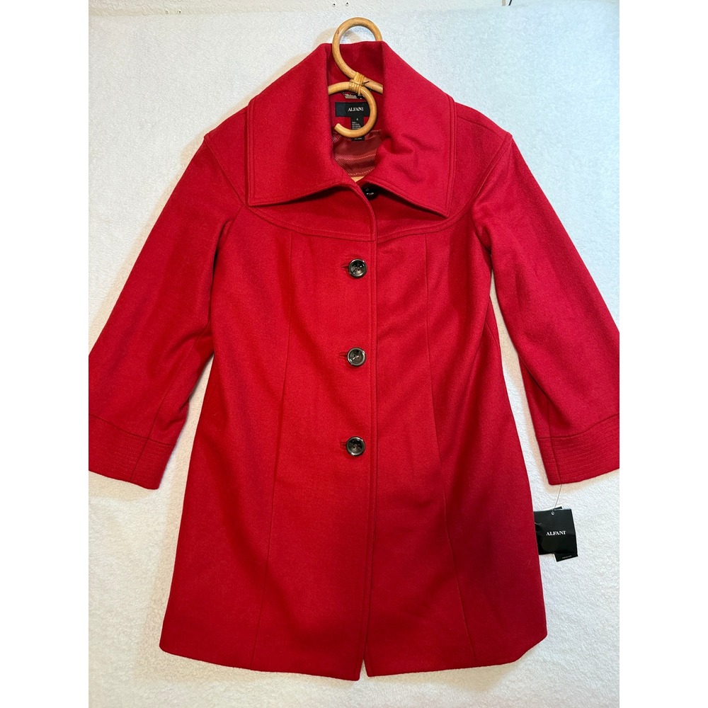 Alfani Womens Red Wool Blend Oversized Collar 3-Button Pea Coat Size 4 NWT
